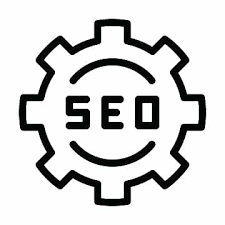Thick black line icon of a gear with the letters "SEO" inside.